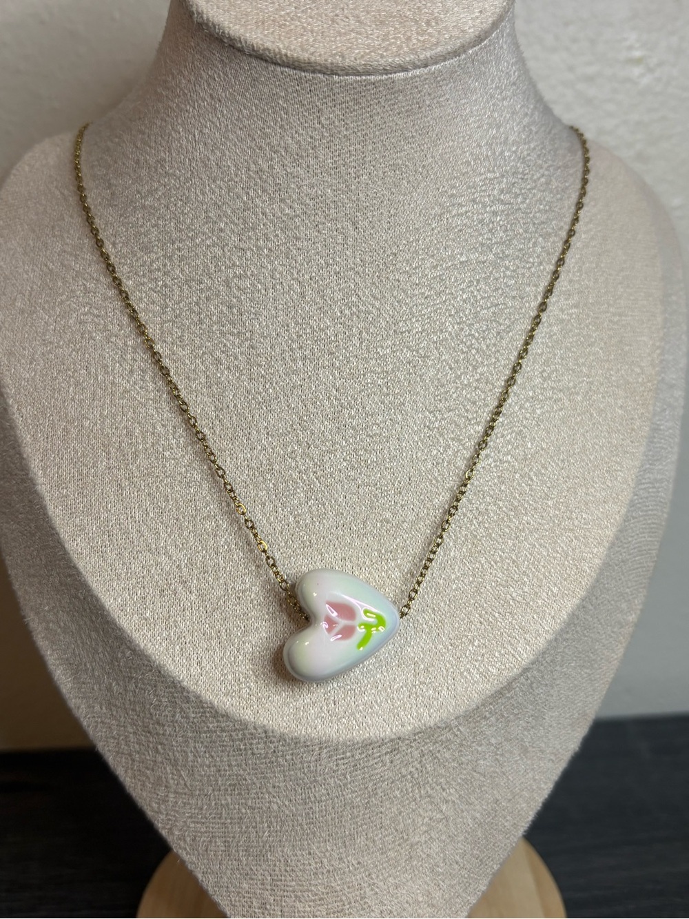 Handmade Gold/White Tulip Heart Necklace | Waterproof & Tarnish Resistant